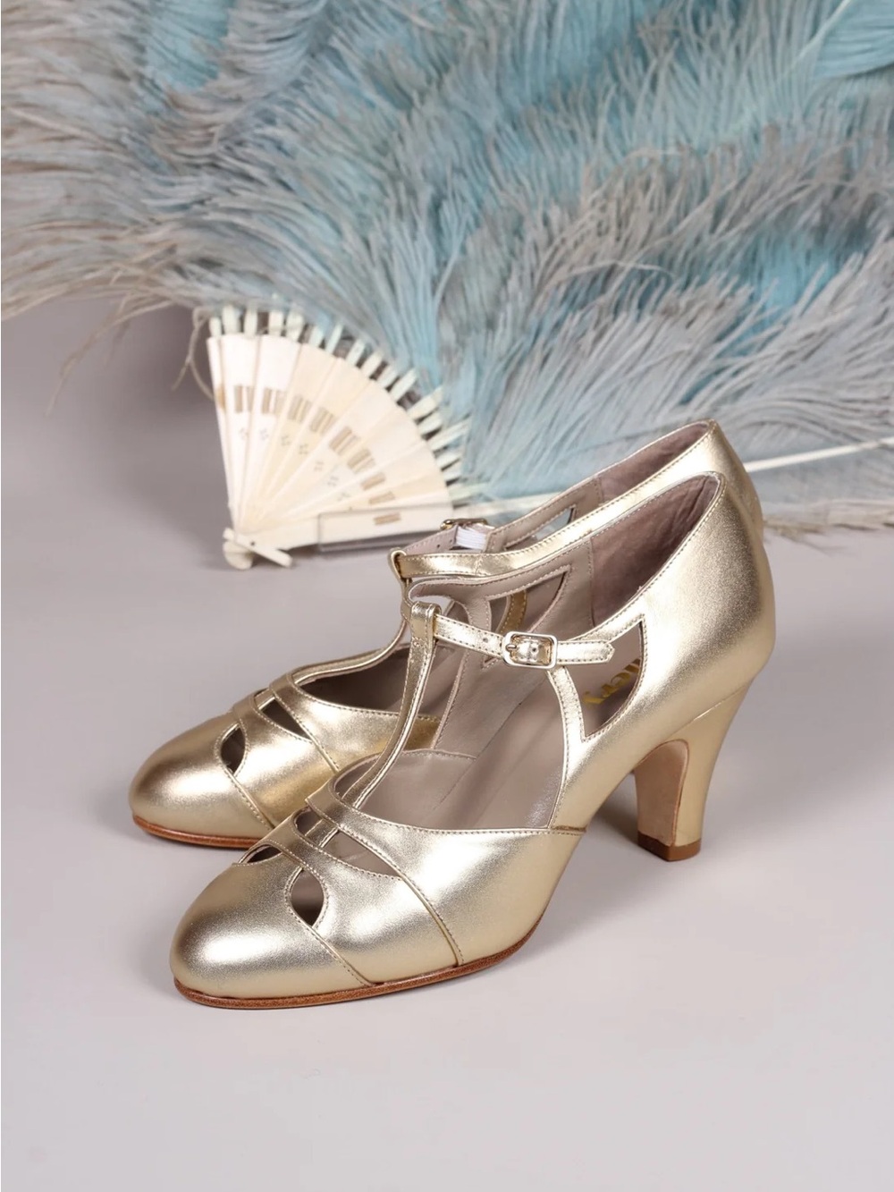 Memery Shoes “Helen” art deco 1920’s 1930’s gold t-strap flapper heels